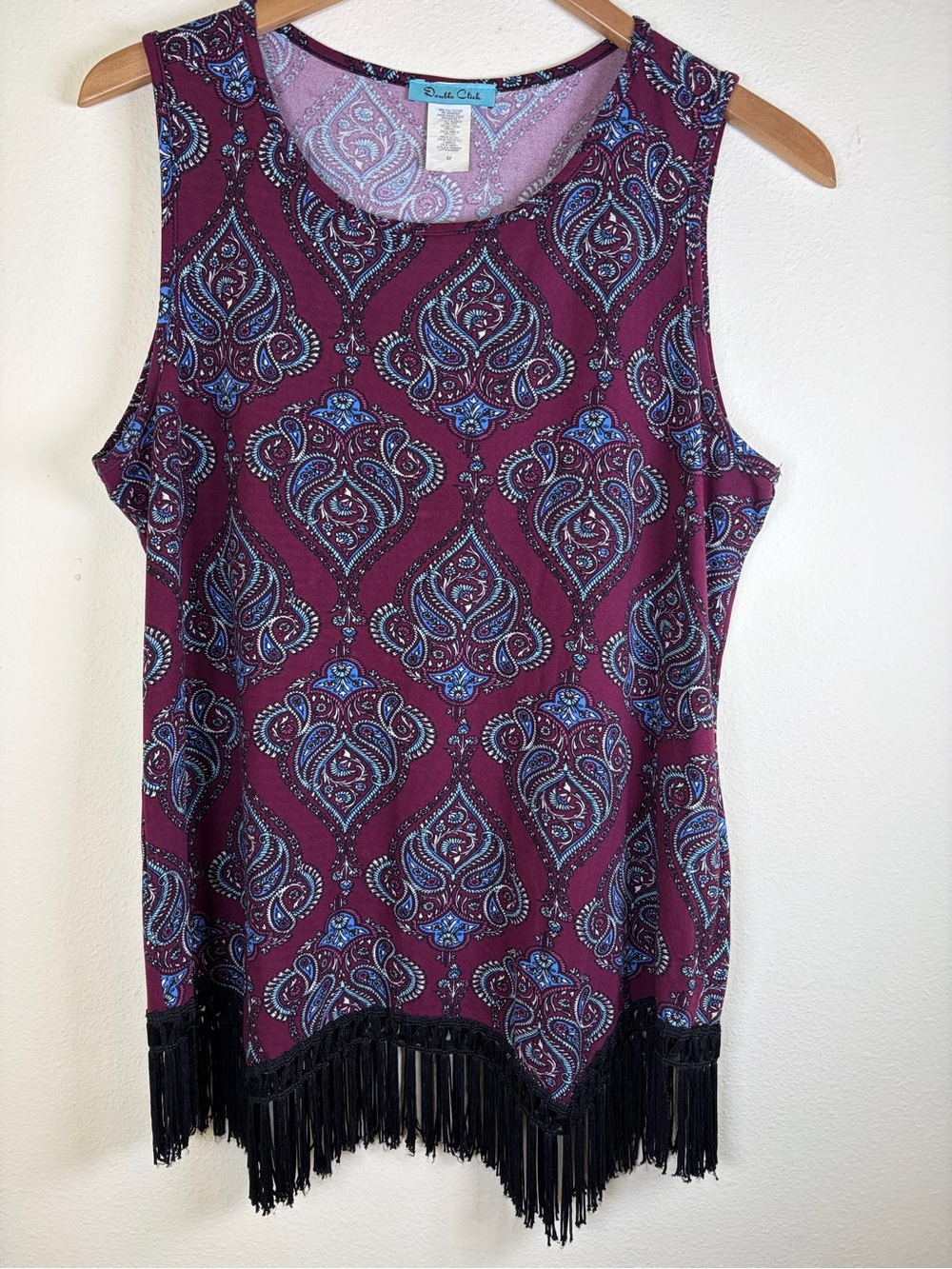 Double Click Paisley Fringe Tank Top Women’s M Burgundy Boho Western Festival